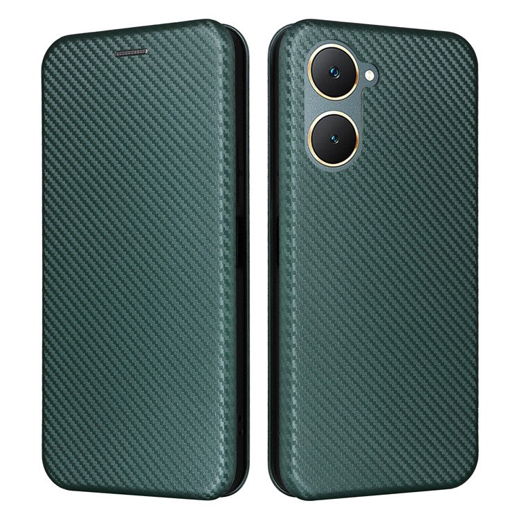 For vivo Y03 / Y18 4G Case Card Slots Leather Phone Cover Carbon Fiber Texture - Green