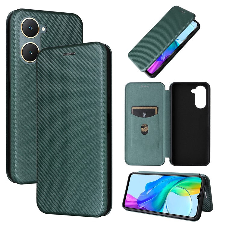 For vivo Y03 / Y18 4G Case Card Slots Leather Phone Cover Carbon Fiber Texture - Green