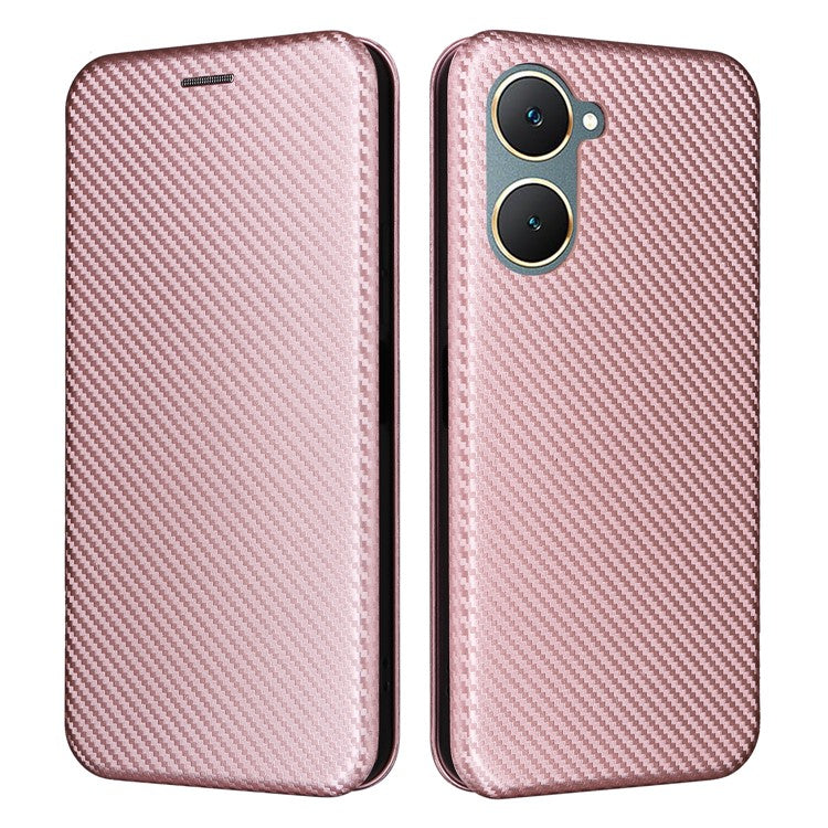 For vivo Y03 / Y18 4G Case Card Slots Leather Phone Cover Carbon Fiber Texture - Rose Gold