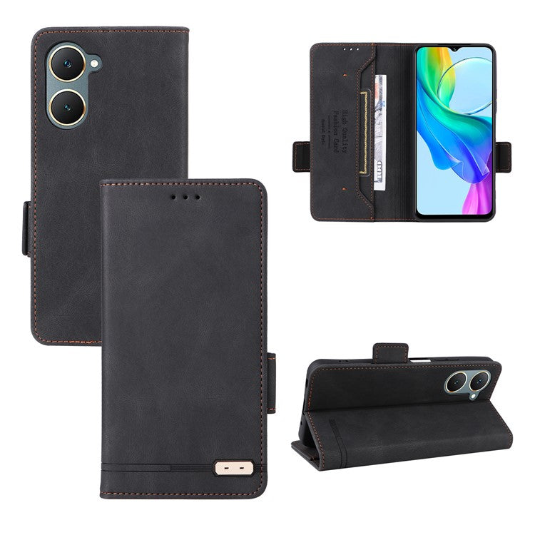 For vivo Y03 / Y18 4G Case Viewing Stand Hardware Decor Leather Phone Cover - Black