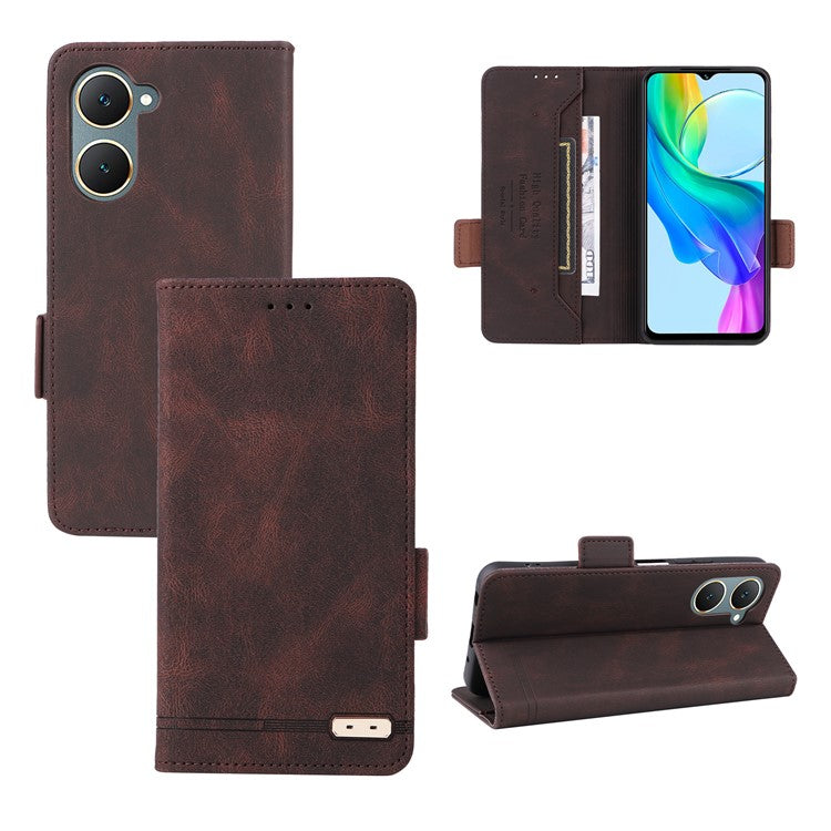 For vivo Y03 / Y18 4G Case Viewing Stand Hardware Decor Leather Phone Cover - Coffee