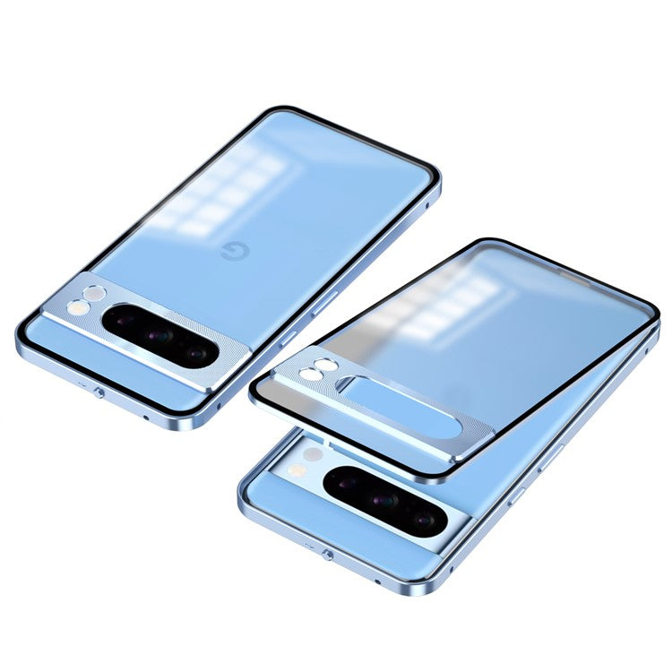 For Google Pixel 8 Pro Phone Case Pop-Up Snap Lock Aluminium Alloy Frame PC Back Cover - Blue