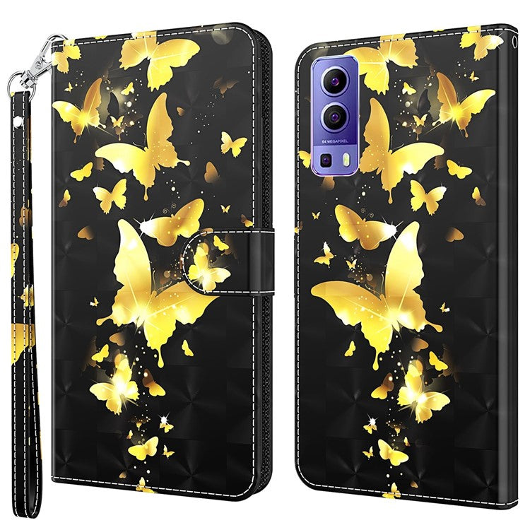 For vivo Y72 5G PU Leather Magnetic Case Stand Function 3D Pattern Printing Shockproof Soft TPU Wallet Cover with Strap - Golden Butterflies