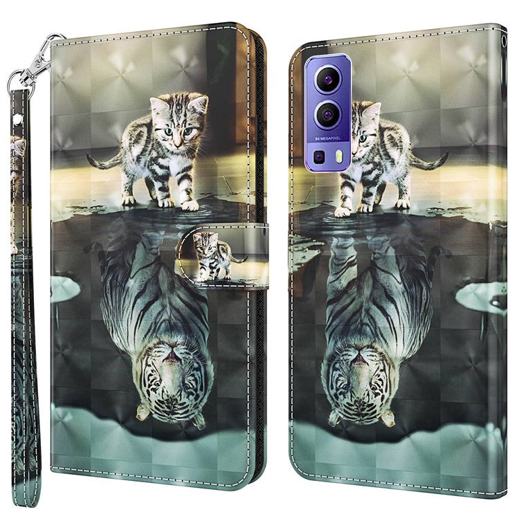 For vivo Y72 5G PU Leather Magnetic Case Stand Function 3D Pattern Printing Shockproof Soft TPU Wallet Cover with Strap - Cat / Tiger