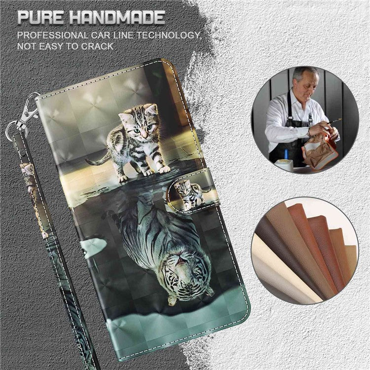 For vivo Y72 5G PU Leather Magnetic Case Stand Function 3D Pattern Printing Shockproof Soft TPU Wallet Cover with Strap - Cat / Tiger