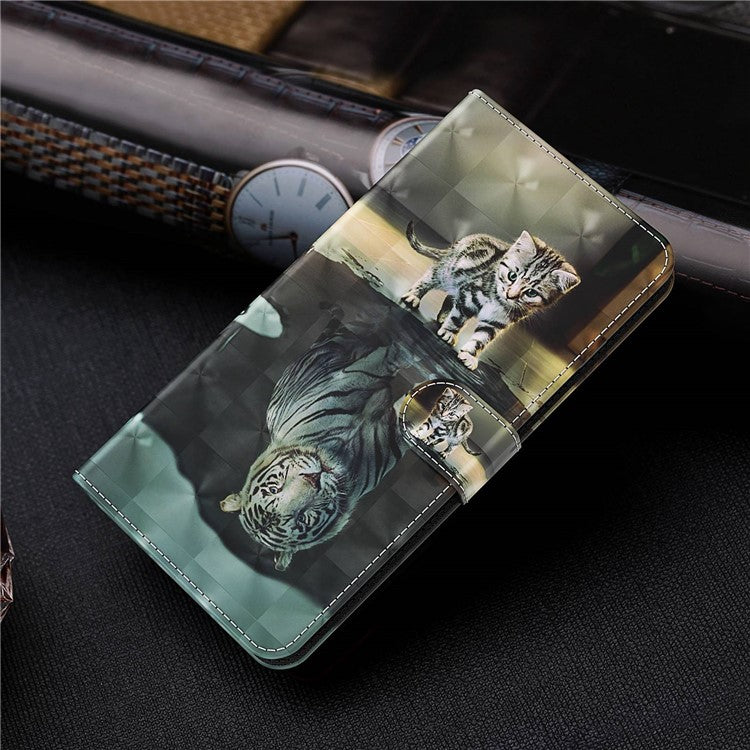 For vivo Y72 5G PU Leather Magnetic Case Stand Function 3D Pattern Printing Shockproof Soft TPU Wallet Cover with Strap - Cat / Tiger