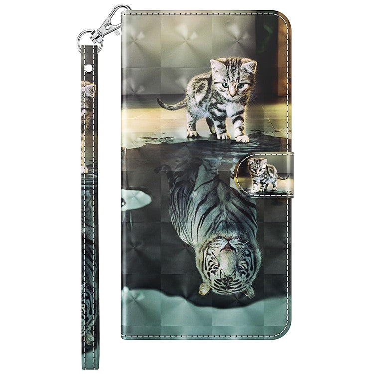 For vivo Y72 5G PU Leather Magnetic Case Stand Function 3D Pattern Printing Shockproof Soft TPU Wallet Cover with Strap - Cat / Tiger