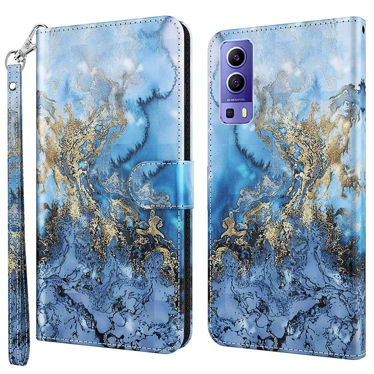 For vivo Y72 5G PU Leather Magnetic Case Stand Function 3D Pattern Printing Shockproof Soft TPU Wallet Cover with Strap - Bauhinia Valley