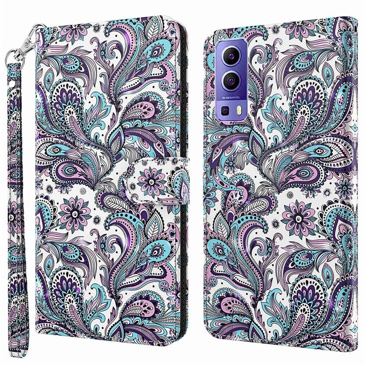 For vivo Y72 5G PU Leather Magnetic Case Stand Function 3D Pattern Printing Shockproof Soft TPU Wallet Cover with Strap - Purple Impatiens