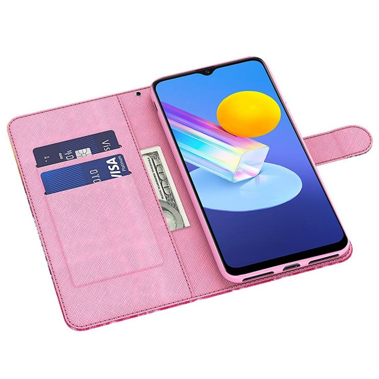 For vivo Y72 5G PU Leather Magnetic Case Stand Function 3D Pattern Printing Shockproof Soft TPU Wallet Cover with Strap - Purple Impatiens