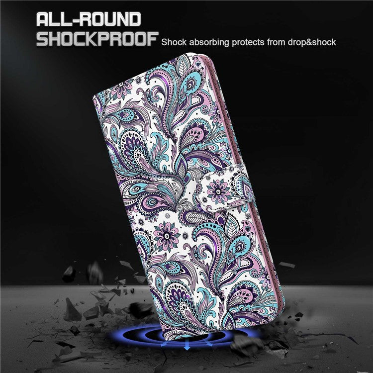 For vivo Y72 5G PU Leather Magnetic Case Stand Function 3D Pattern Printing Shockproof Soft TPU Wallet Cover with Strap - Purple Impatiens