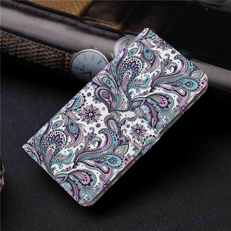 For vivo Y72 5G PU Leather Magnetic Case Stand Function 3D Pattern Printing Shockproof Soft TPU Wallet Cover with Strap - Purple Impatiens