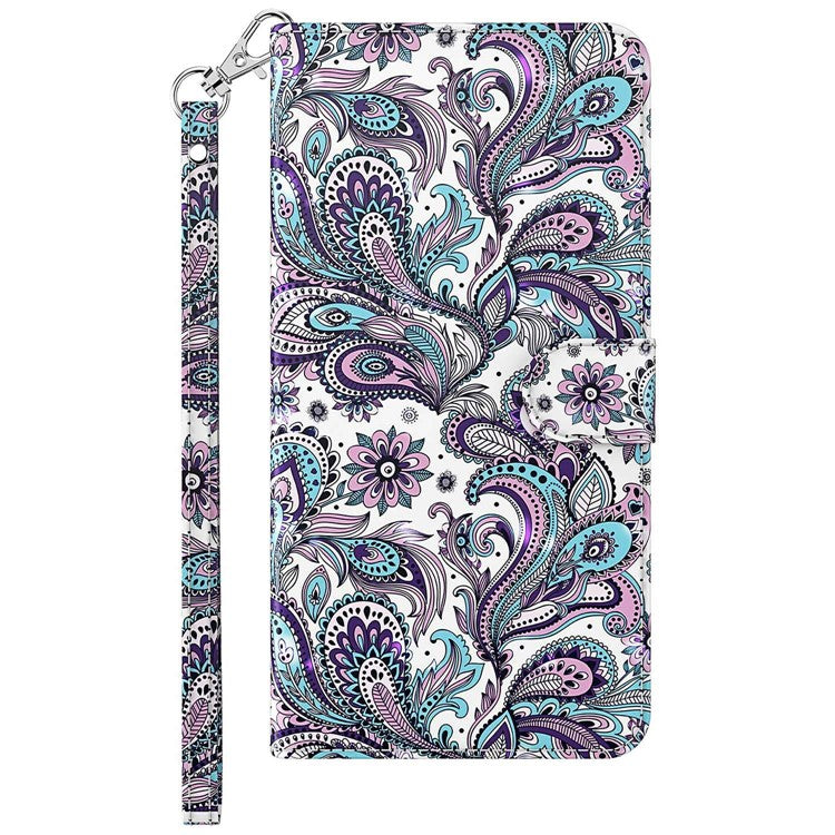 For vivo Y72 5G PU Leather Magnetic Case Stand Function 3D Pattern Printing Shockproof Soft TPU Wallet Cover with Strap - Purple Impatiens