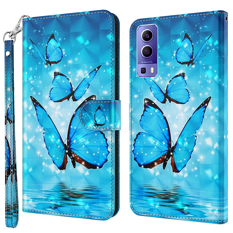 For vivo Y72 5G PU Leather Magnetic Case Stand Function 3D Pattern Printing Shockproof Soft TPU Wallet Cover with Strap - Blue Butterflies