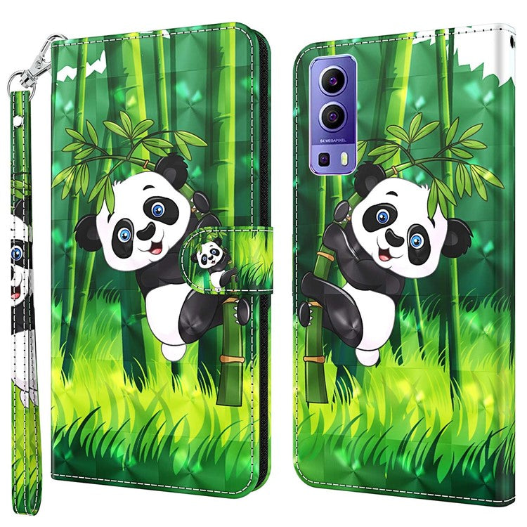 For vivo Y72 5G PU Leather Magnetic Case Stand Function 3D Pattern Printing Shockproof Soft TPU Wallet Cover with Strap - Panda Climbing