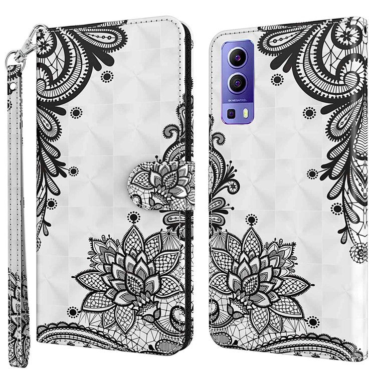 For vivo Y72 5G PU Leather Magnetic Case Stand Function 3D Pattern Printing Shockproof Soft TPU Wallet Cover with Strap - Lace Flower