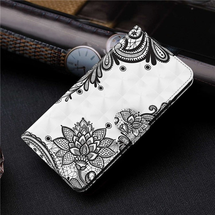 For vivo Y72 5G PU Leather Magnetic Case Stand Function 3D Pattern Printing Shockproof Soft TPU Wallet Cover with Strap - Lace Flower