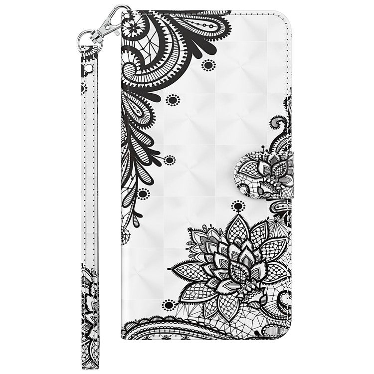 For vivo Y72 5G PU Leather Magnetic Case Stand Function 3D Pattern Printing Shockproof Soft TPU Wallet Cover with Strap - Lace Flower