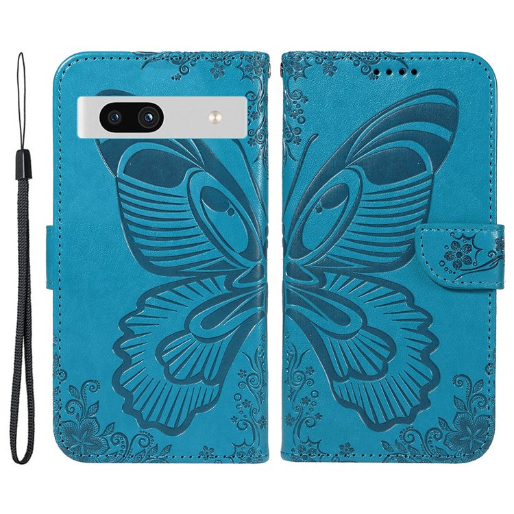 For Google Pixel 7a Case Swallowtail Butterfly Wallet PU Leather Phone Cover - Blue