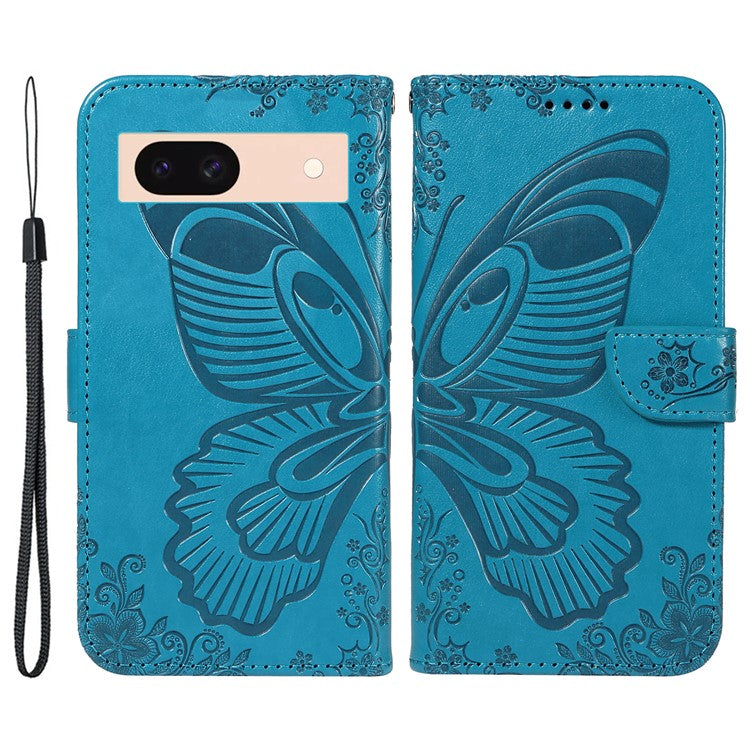 For Google Pixel 8a Case Butterfly Pattern Leather Phone Cover with Magnetic Clasp - Blue