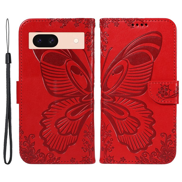 For Google Pixel 8a Case Butterfly Pattern Leather Phone Cover with Magnetic Clasp - Red