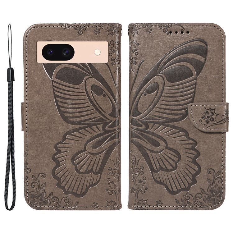 For Google Pixel 8a Case Butterfly Pattern Leather Phone Cover with Magnetic Clasp - Grey