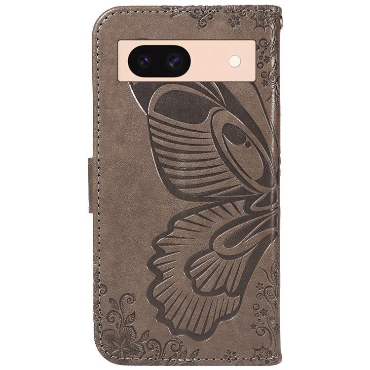 For Google Pixel 8a Case Butterfly Pattern Leather Phone Cover with Magnetic Clasp - Grey