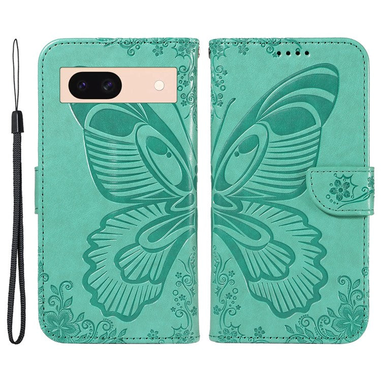 For Google Pixel 8a Case Butterfly Pattern Leather Phone Cover with Magnetic Clasp - Green