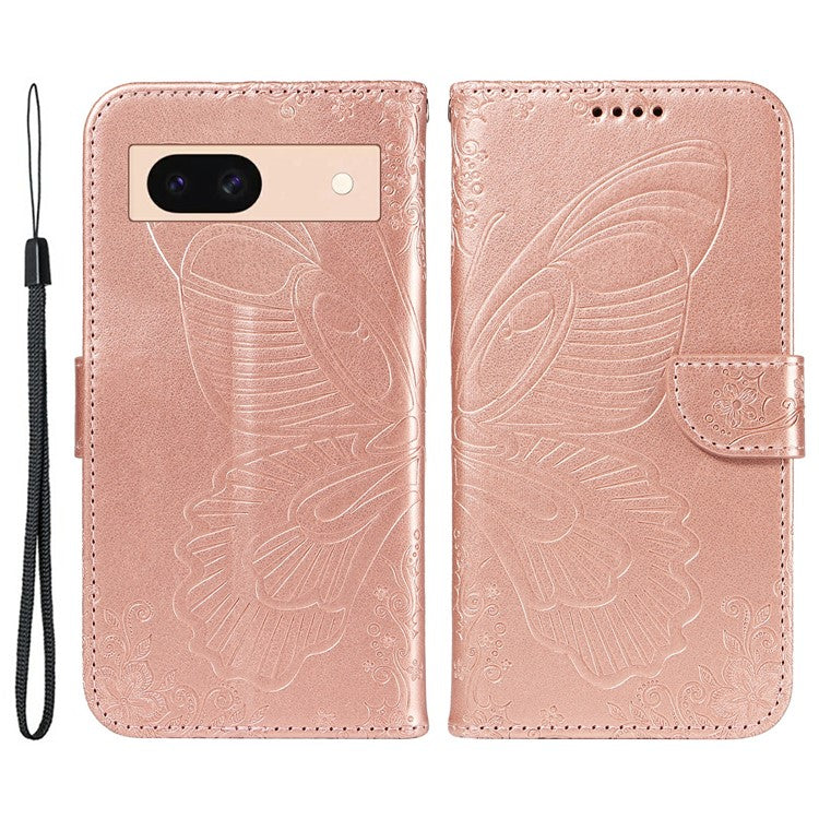 For Google Pixel 8a Case Butterfly Pattern Leather Phone Cover with Magnetic Clasp - Rose Gold