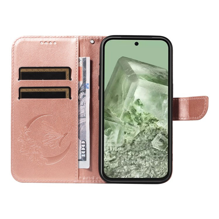 For Google Pixel 8a Case Butterfly Pattern Leather Phone Cover with Magnetic Clasp - Rose Gold