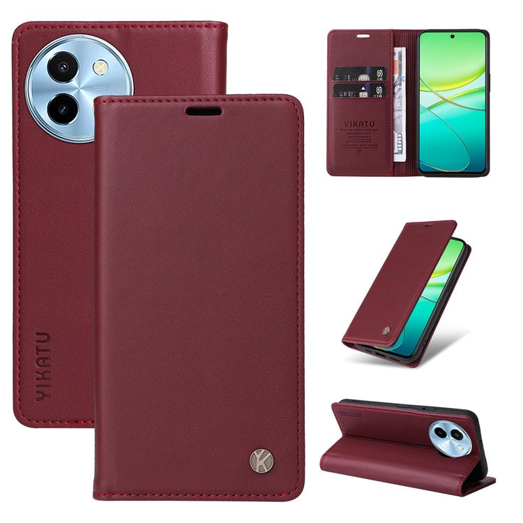 YIKATU YK-001 For vivo Y38 5G / Y200i 5G / T3x Stand Case Magnetic PU Leather Phone Cover - Wine Red