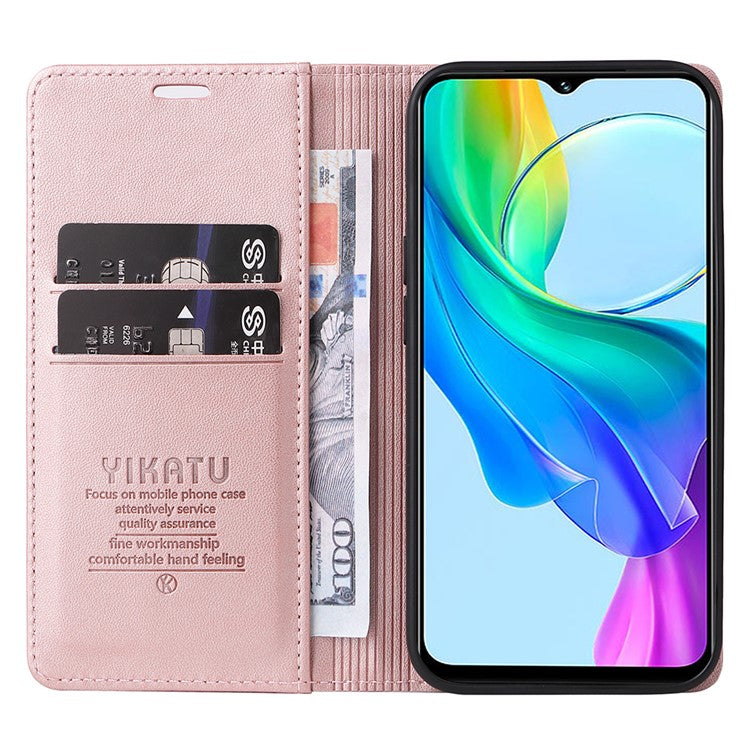 YIKATU YK-001 For vivo Y03 Wallet Stand Case Anti-Drop PU Leather Phone Cover - Rose Gold