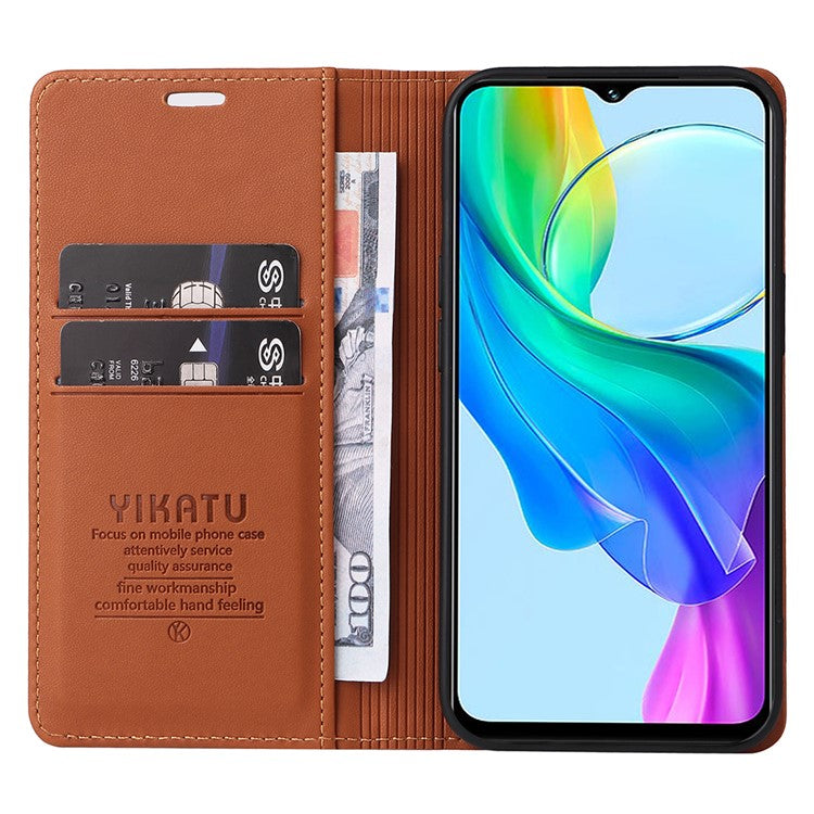 YIKATU YK-001 For vivo Y03 Wallet Stand Case Anti-Drop PU Leather Phone Cover - Brown