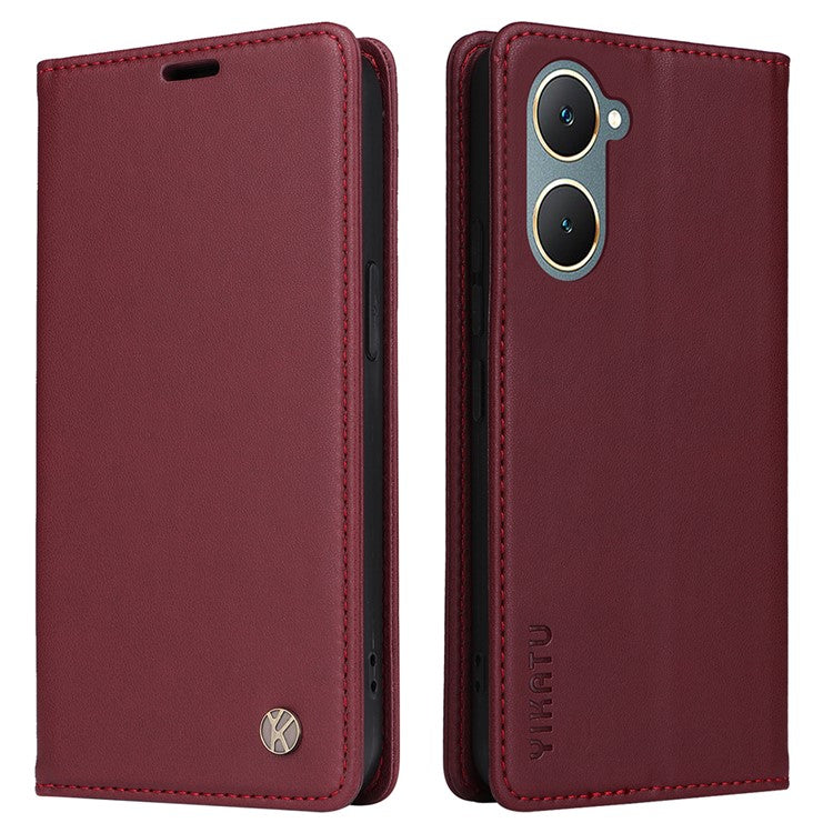 YIKATU YK-001 For vivo Y03 Wallet Stand Case Anti-Drop PU Leather Phone Cover - Wine Red