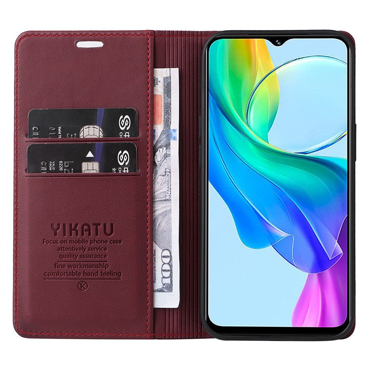 YIKATU YK-001 For vivo Y03 Wallet Stand Case Anti-Drop PU Leather Phone Cover - Wine Red