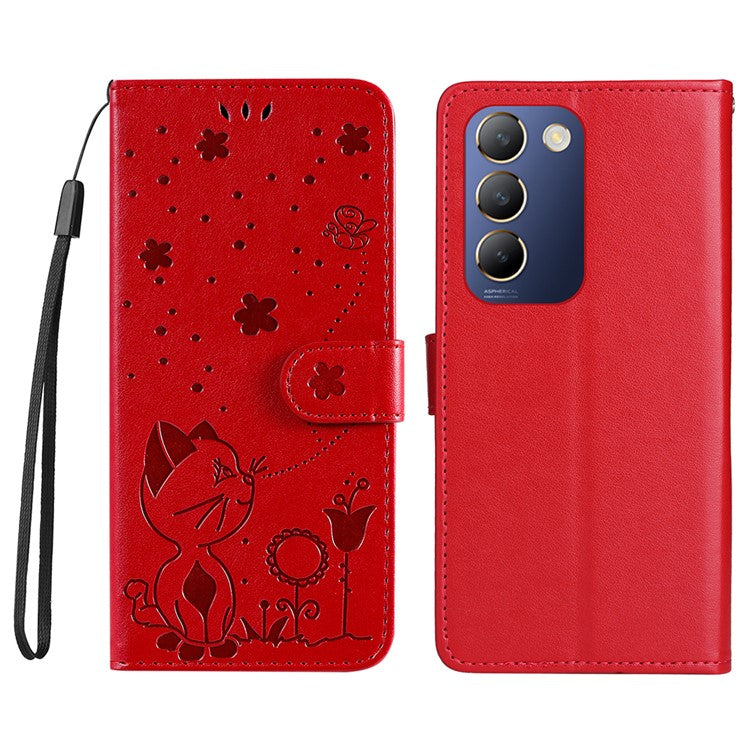 KT Imprinting Flower Series-4 For vivo V40 SE 5G / Y100 5G (Indonesia) / Y200e 5G / V30 Lite 5G (India) Leather Phone Case - Red