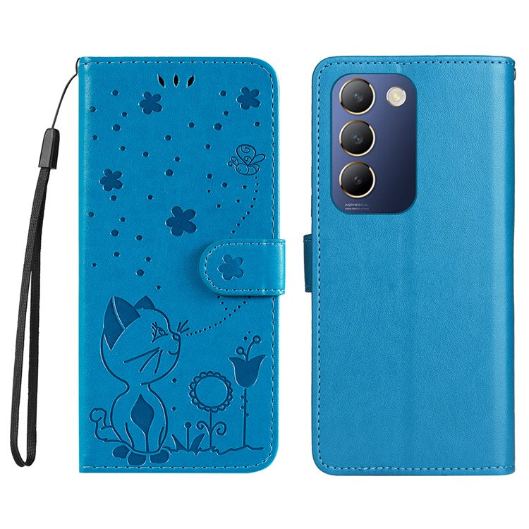 KT Imprinting Flower Series-4 For vivo V40 SE 5G / Y100 5G (Indonesia) / Y200e 5G / V30 Lite 5G (India) Leather Phone Case - Blue