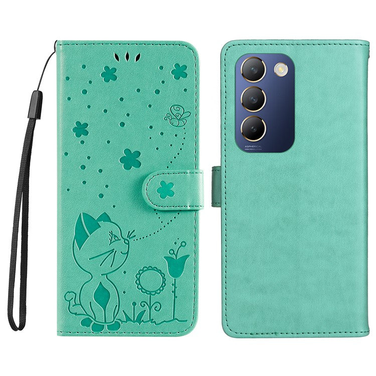 KT Imprinting Flower Series-4 For vivo V40 SE 5G / Y100 5G (Indonesia) / Y200e 5G / V30 Lite 5G (India) Leather Phone Case - Green