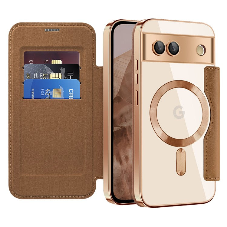 For Google Pixel 8a Case Compatible with MagSafe RFID Blocking Card Holder Phone Cover - Brown