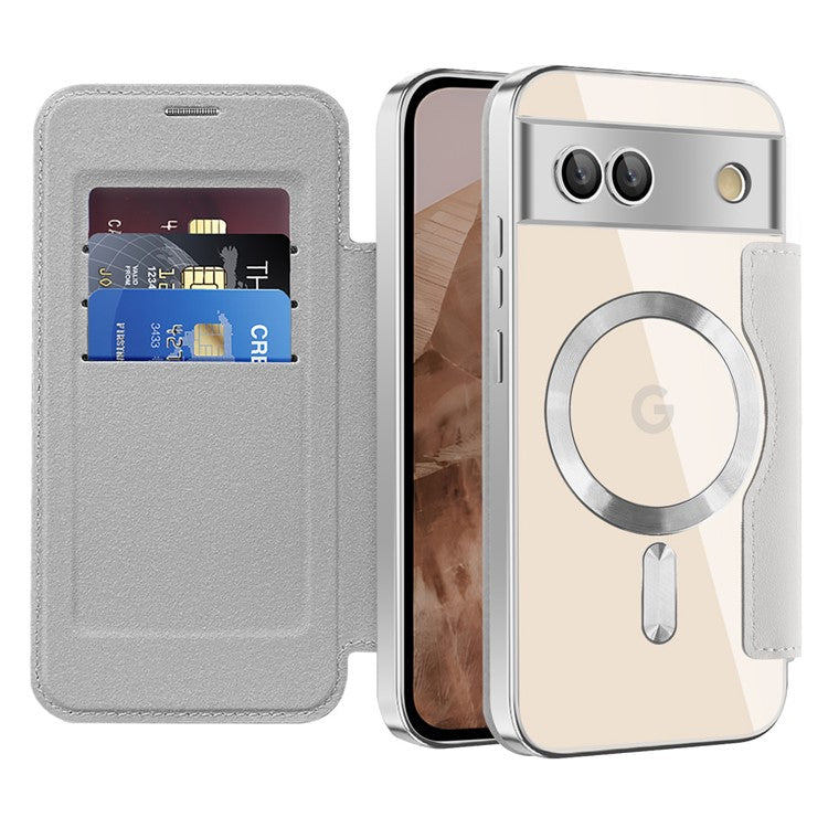 For Google Pixel 8a Case Compatible with MagSafe RFID Blocking Card Holder Phone Cover - Silver