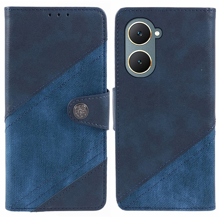 For vivo Y03 Case PU Leather Phone Cover Folio Wallet Crazy Texture Splicing - Dark Blue