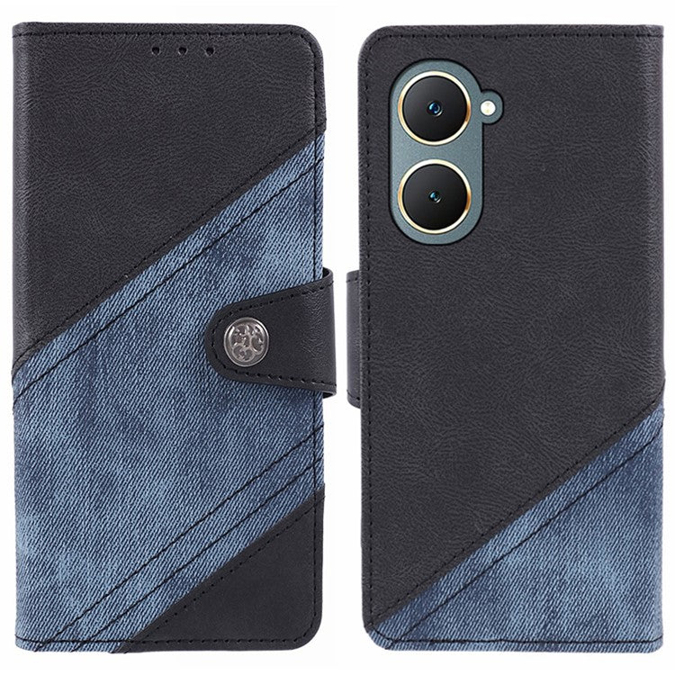 For vivo Y03 Case PU Leather Phone Cover Folio Wallet Crazy Texture Splicing - Black