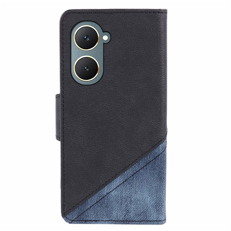 For vivo Y03 Case PU Leather Phone Cover Folio Wallet Crazy Texture Splicing - Black