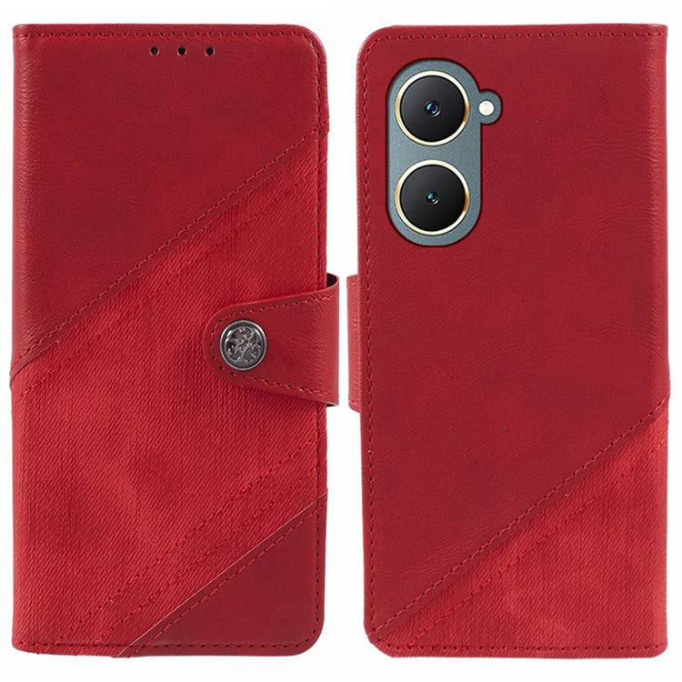 For vivo Y03 Case PU Leather Phone Cover Folio Wallet Crazy Texture Splicing - Red