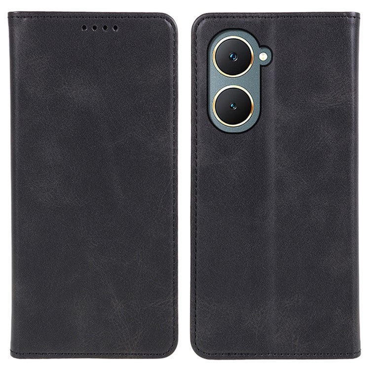 For vivo Y03 Phone Case Calf Texture Leather Wallet Magnetic Closing Cell Phone Cover - Black