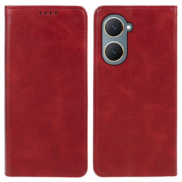 For vivo Y03 Phone Case Calf Texture Leather Wallet Magnetic Closing Cell Phone Cover - Red