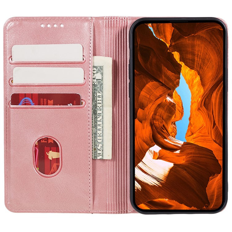 For vivo Y03 Phone Case Calf Texture Leather Wallet Magnetic Closing Cell Phone Cover - Rose Gold