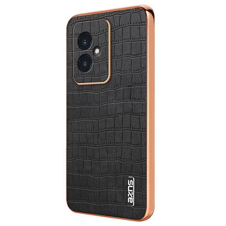 AZNS For Honor 100 5G Case Crocodile Texture Leather+TPU Cover Electroplating Frame - Black