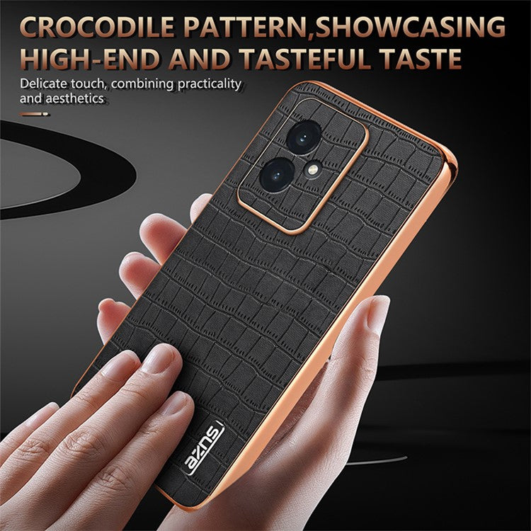 AZNS For Honor 100 5G Case Crocodile Texture Leather+TPU Cover Electroplating Frame - Black