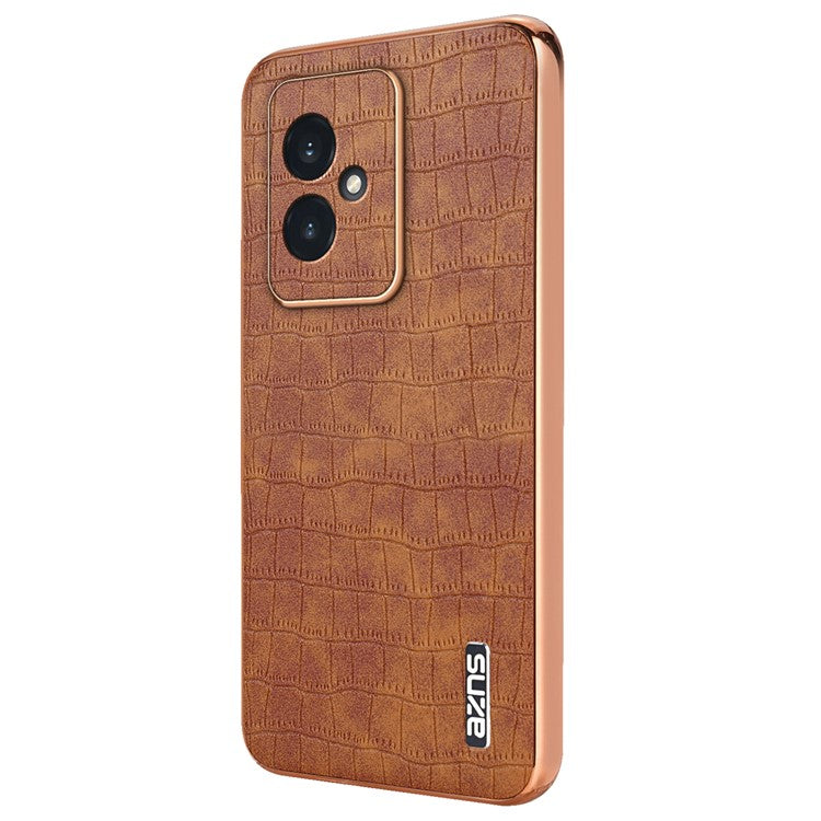 AZNS For Honor 100 5G Case Crocodile Texture Leather+TPU Cover Electroplating Frame - Brown